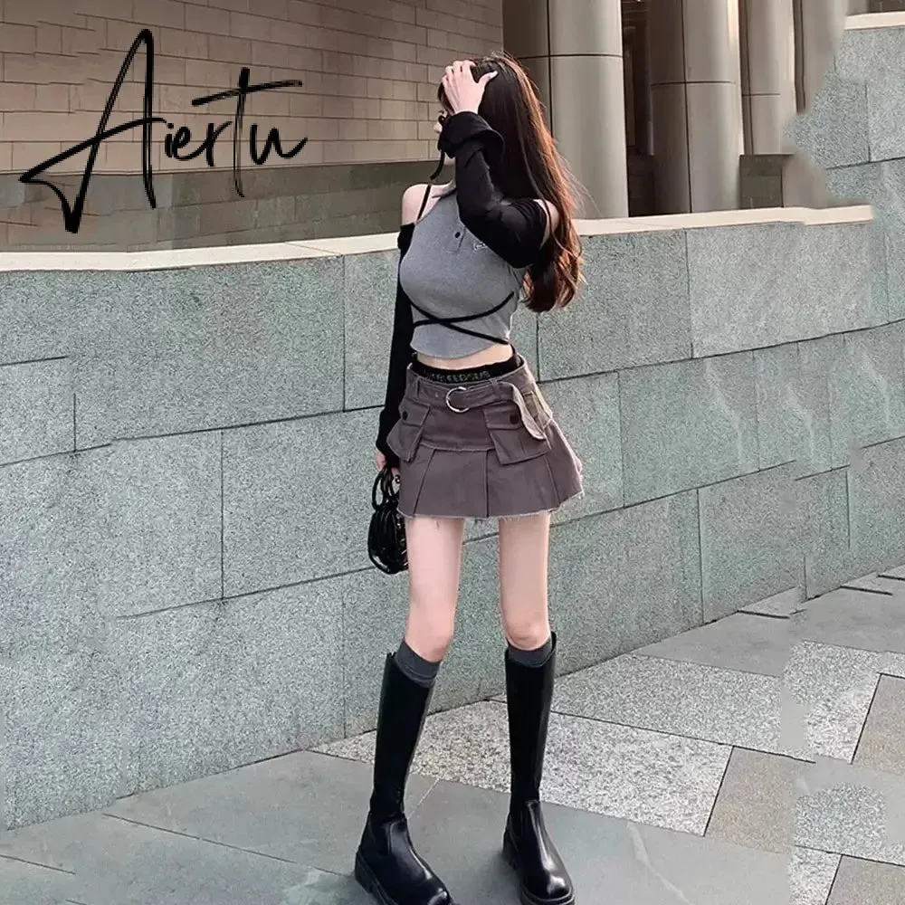 Aiertu Retro Y2k Clothes Solid Cargos Skirts Women Streetwear Mini Skirts Women Vintage Sexy Clubwear Fashion Denim Short Skirt