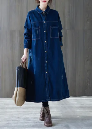 Art Navy Peter Pan Collar Button Patchwork Denim Shirts Dresses Spring LY5285