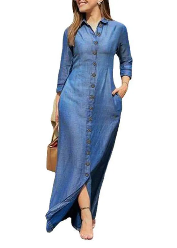 Beautiful Blue Peter Pan Collar Oversized Denim Maxi Dresses