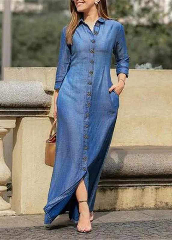 Beautiful Blue Peter Pan Collar Oversized Denim Maxi Dresses