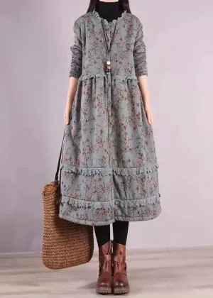 Beautiful Blue Ruffled Print Patchwork Cotton Dresses Fall ML0580