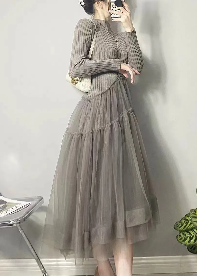 Beautiful Grey Asymmetrical Tulle Patchwork Long Dresses Fall ML1735