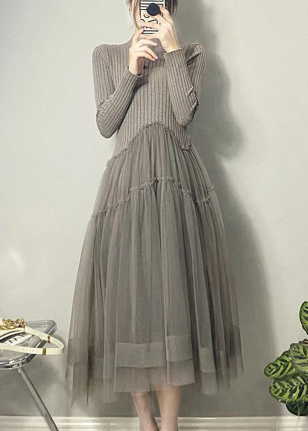 Beautiful Grey Asymmetrical Tulle Patchwork Long Dresses Fall ML1735