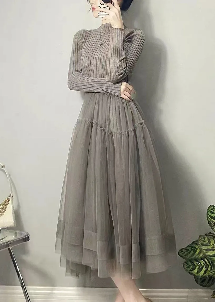 Beautiful Grey Asymmetrical Tulle Patchwork Long Dresses Fall ML1735