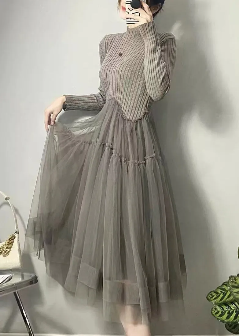 Beautiful Grey Asymmetrical Tulle Patchwork Long Dresses Fall ML1735