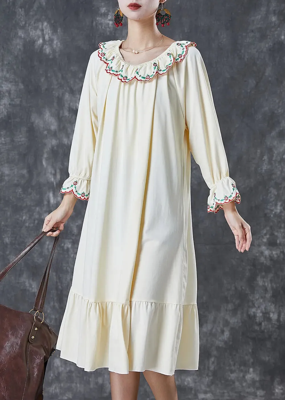 Beige Ruffles Cotton Maxi Dresses Fall