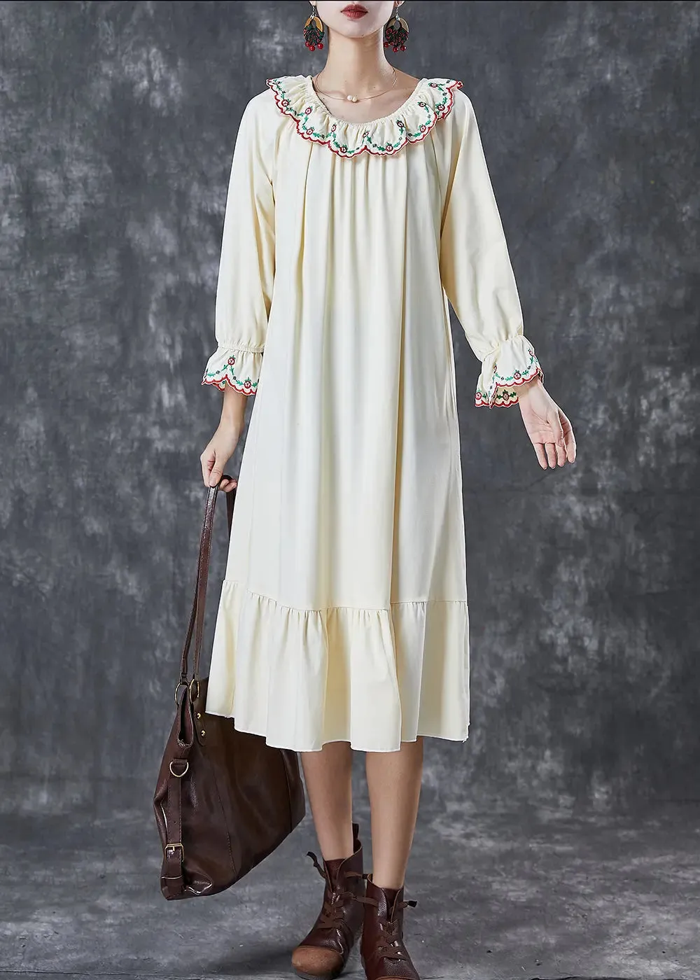 Beige Ruffles Cotton Maxi Dresses Fall