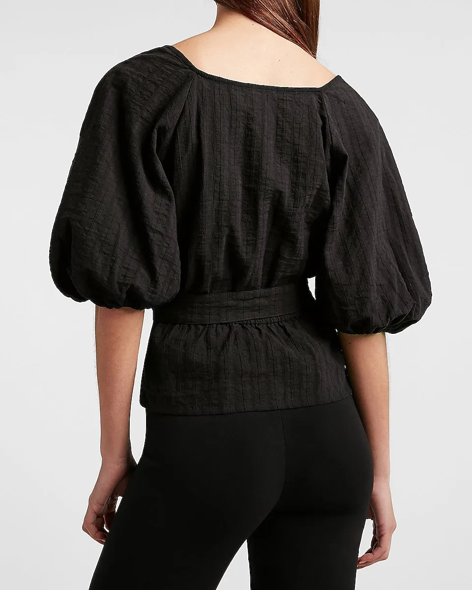 Belted Puff Sleeve Wrap Front Top in Pitch Black