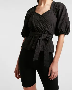 Belted Puff Sleeve Wrap Front Top in Pitch Black