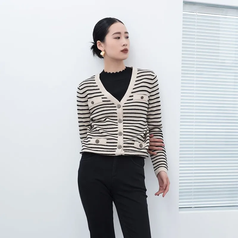 Black & White Striped V Neck Cardigan