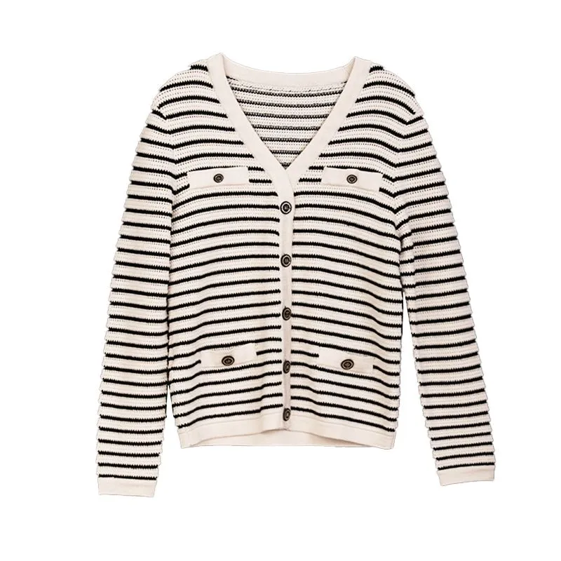 Black & White Striped V Neck Cardigan