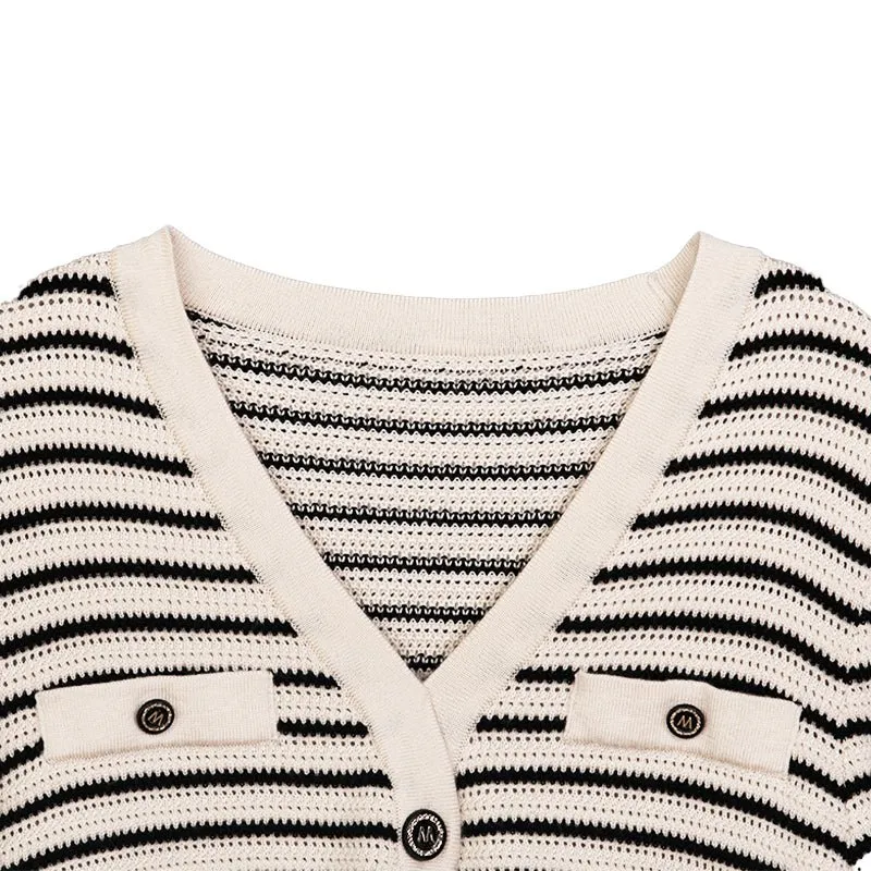 Black & White Striped V Neck Cardigan