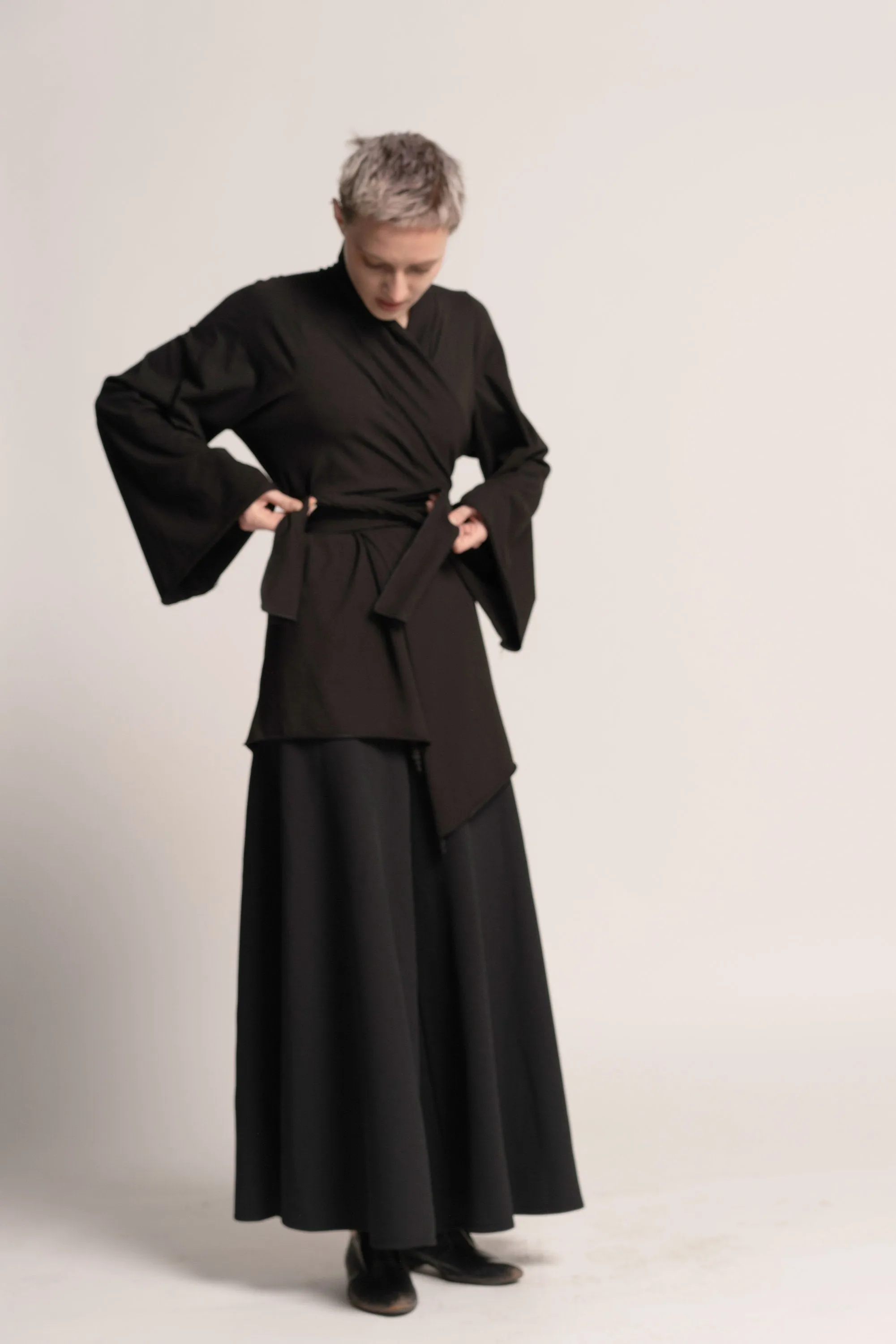 Black Bell Sleeve Wrap Kimono Cardigan