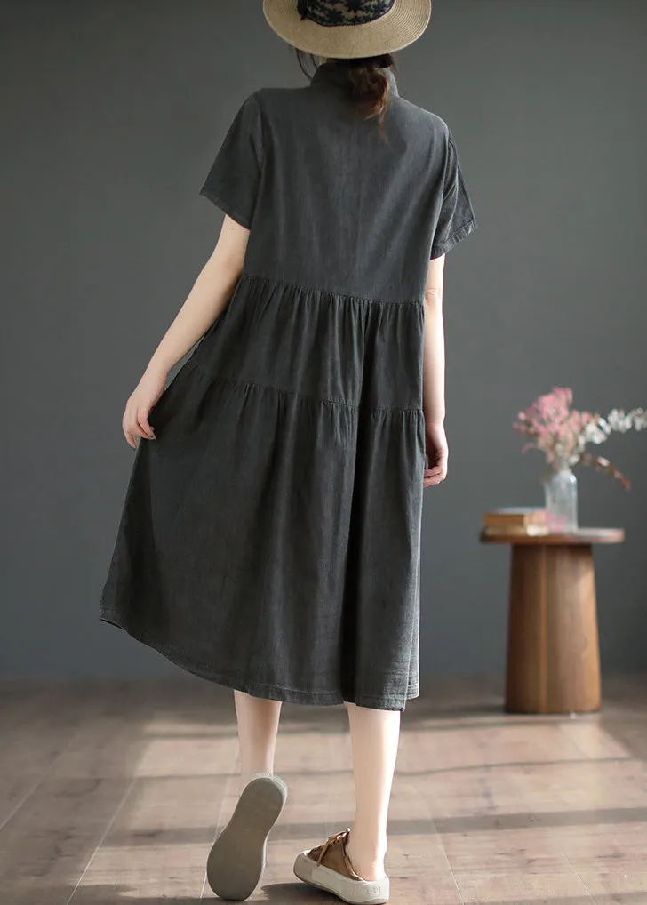 Black Peter Pan Collar Button Silk Denim Maxi Shirt Dresses Short Sleeve