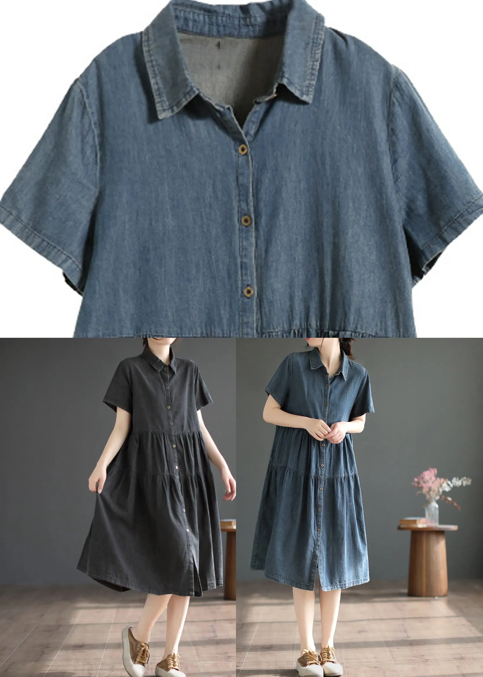 Black Peter Pan Collar Button Silk Denim Maxi Shirt Dresses Short Sleeve