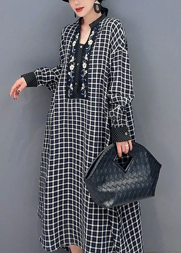 Black Plaid Cotton Robe Dresses Stand Collar Oversized Spring LY1573