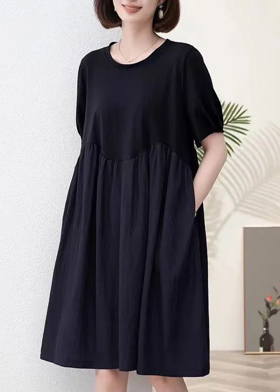 Black Pockets Patchwork Cotton Dresses O Neck Summer MN061