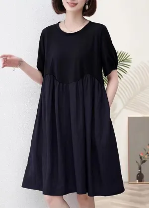 Black Pockets Patchwork Cotton Dresses O Neck Summer MN061