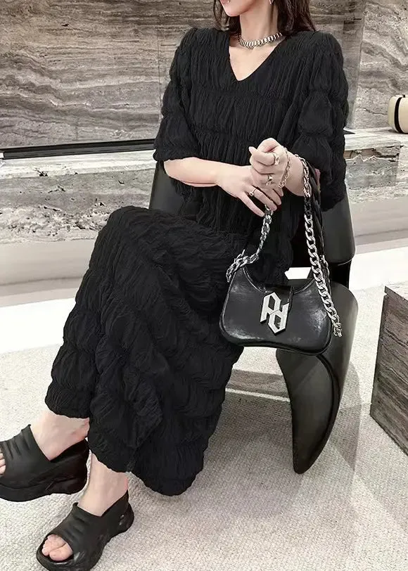 Black Wrinkled Vacation Chiffon Long Dresses Summer ML1213