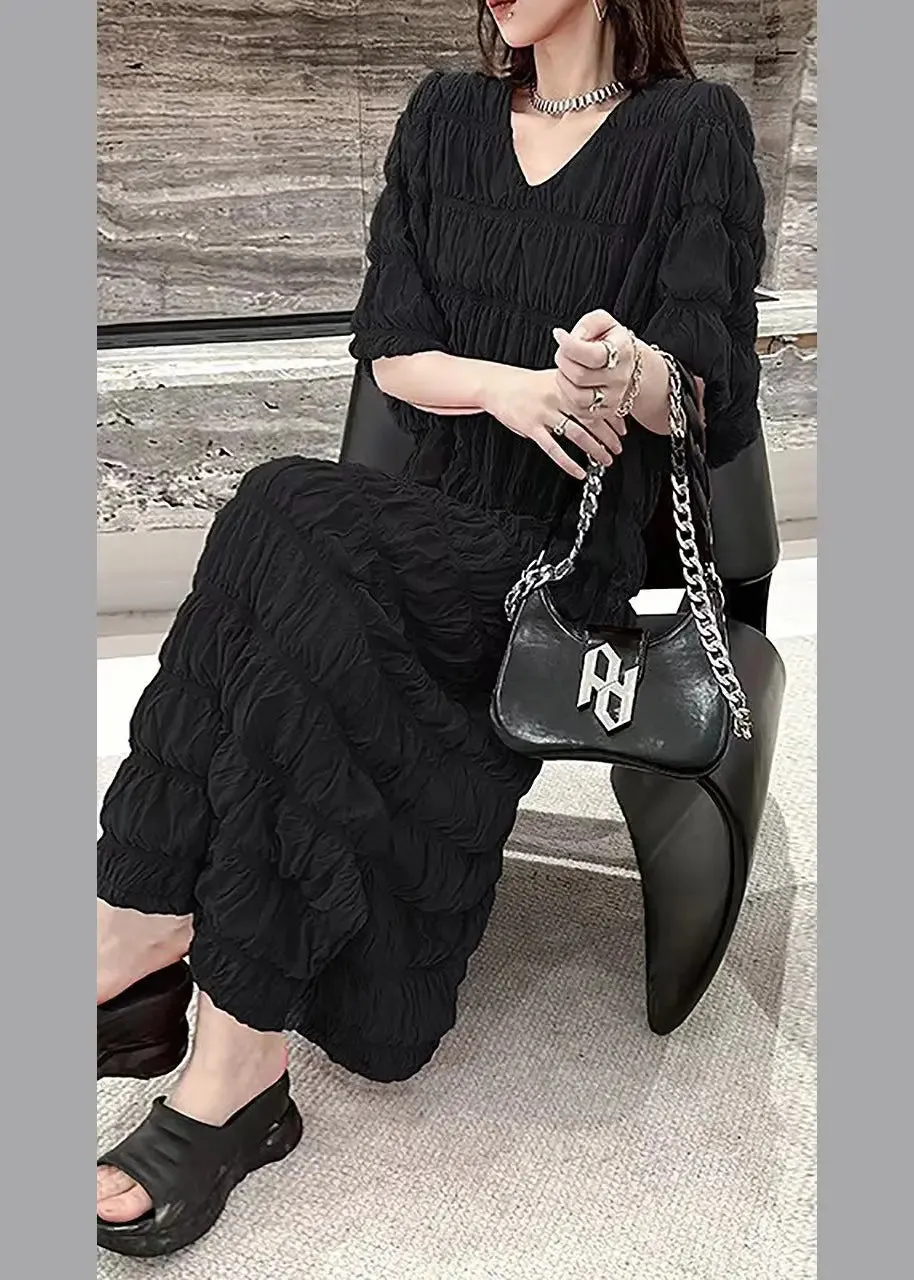 Black Wrinkled Vacation Chiffon Long Dresses Summer ML1213