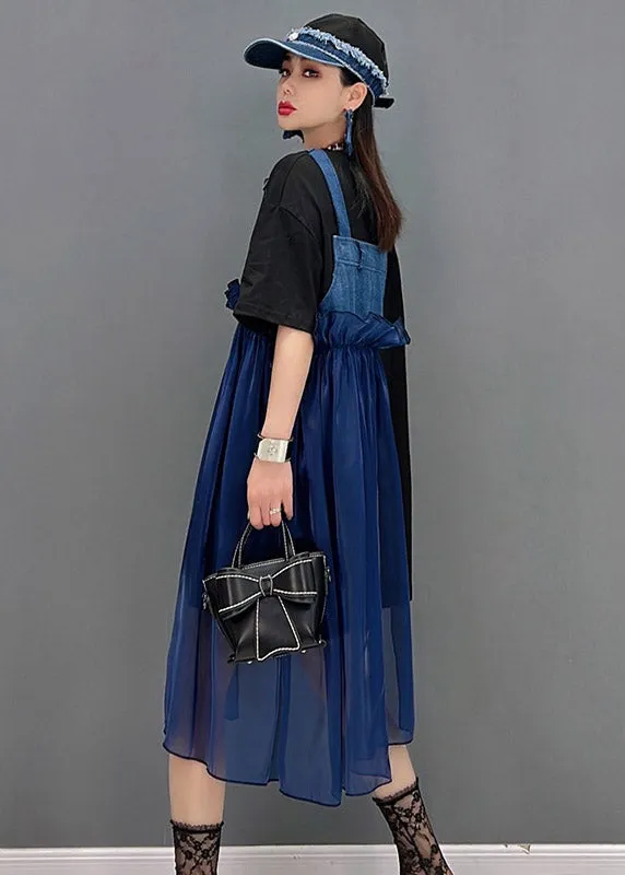 Blue asymmetrical Denim Tulle Patchwork Dresses Short Sleeve