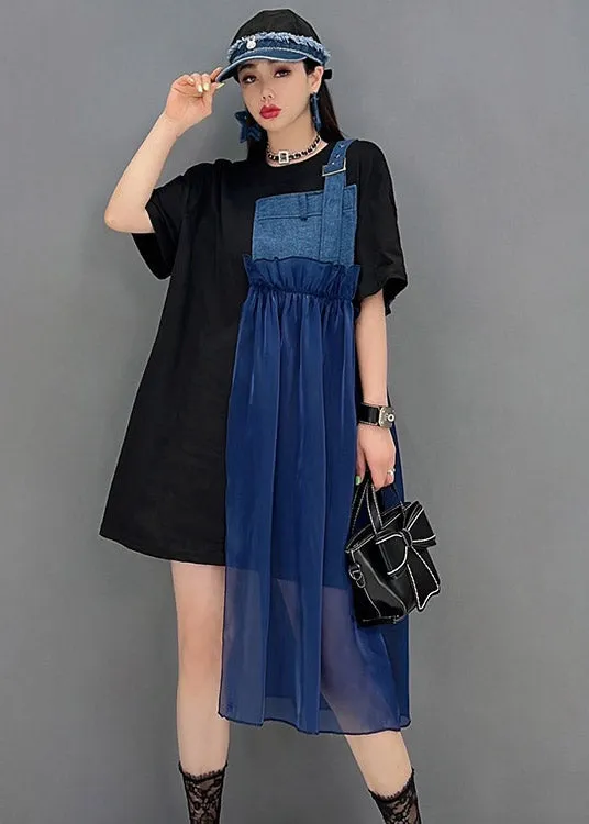 Blue asymmetrical Denim Tulle Patchwork Dresses Short Sleeve