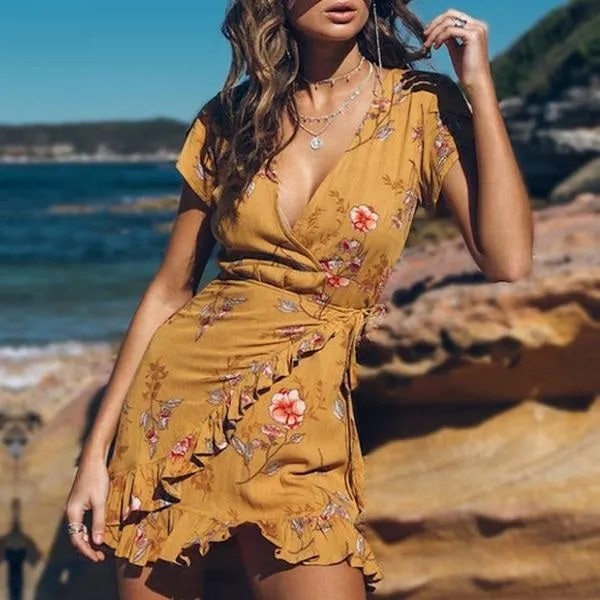 Bohemian Floral Print Wrap High Waist Sexy Ruffle Dress