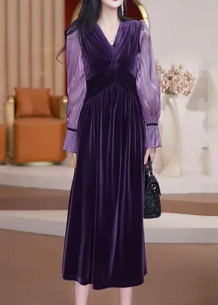 Bohemian Purple V Neck Patchwork Wrinkled Silk Velour Long Dresses Long Sleeve ML0907