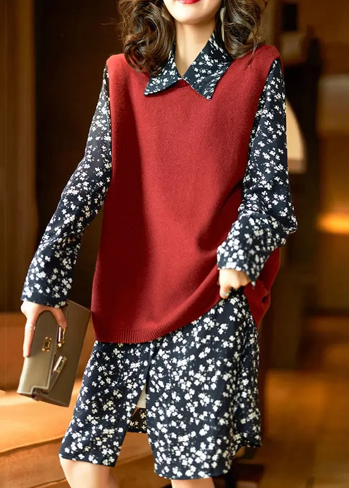 Bohemian Red Knit Vest Shirts Dresses Chiffon Sets 2 Pieces Fall LY8588