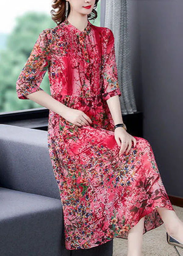 Bohemian Red Stand Collar Print Wrinkled Chiffon Vacation Dresses Half Sleeve LC0240