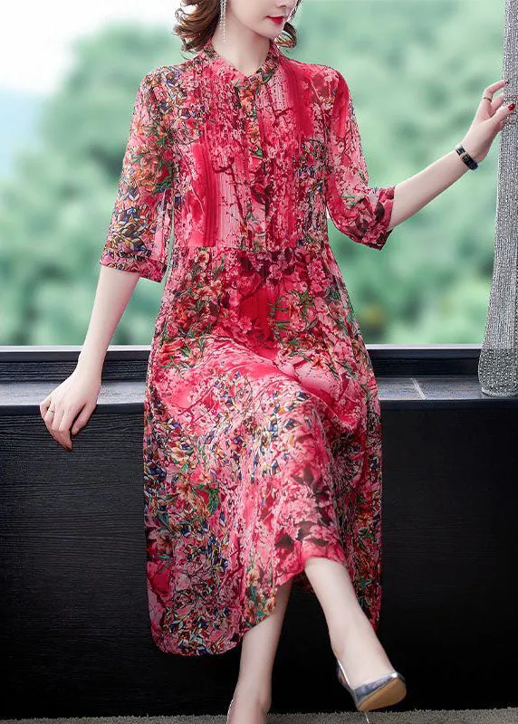 Bohemian Red Stand Collar Print Wrinkled Chiffon Vacation Dresses Half Sleeve LC0240