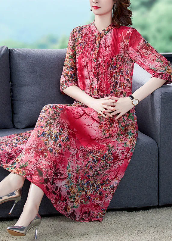 Bohemian Red Stand Collar Print Wrinkled Chiffon Vacation Dresses Half Sleeve LC0240