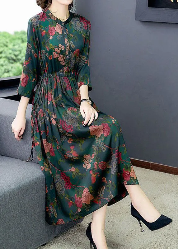 Boho Green Cinched Print Silk Dresses Bracelet Sleeve LC0206