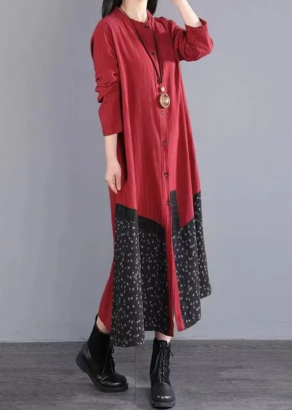 Boho Red Print Pockets Patchwork Cotton Long Dresses Fall ML0566