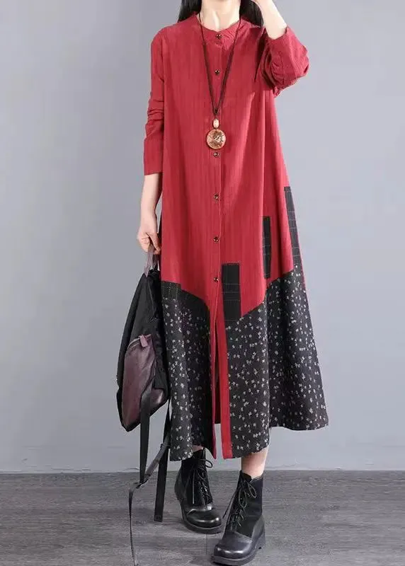 Boho Red Print Pockets Patchwork Cotton Long Dresses Fall ML0566