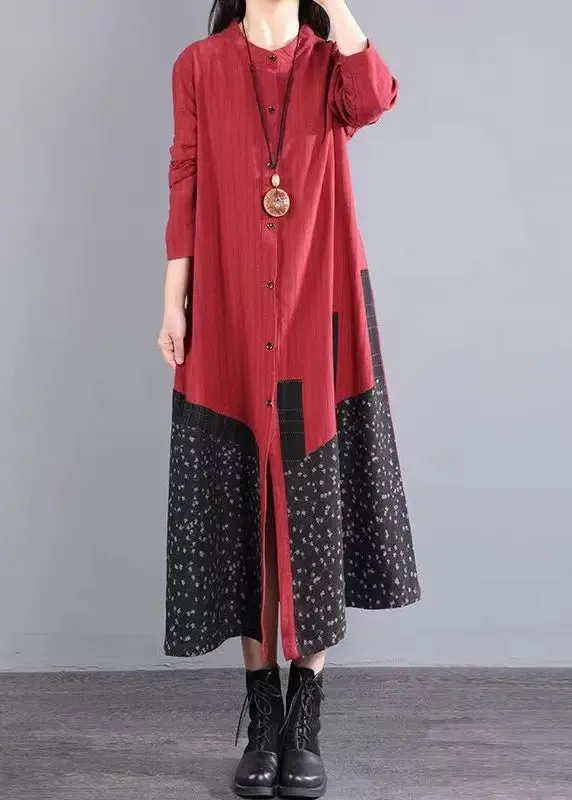 Boho Red Print Pockets Patchwork Cotton Long Dresses Fall ML0566