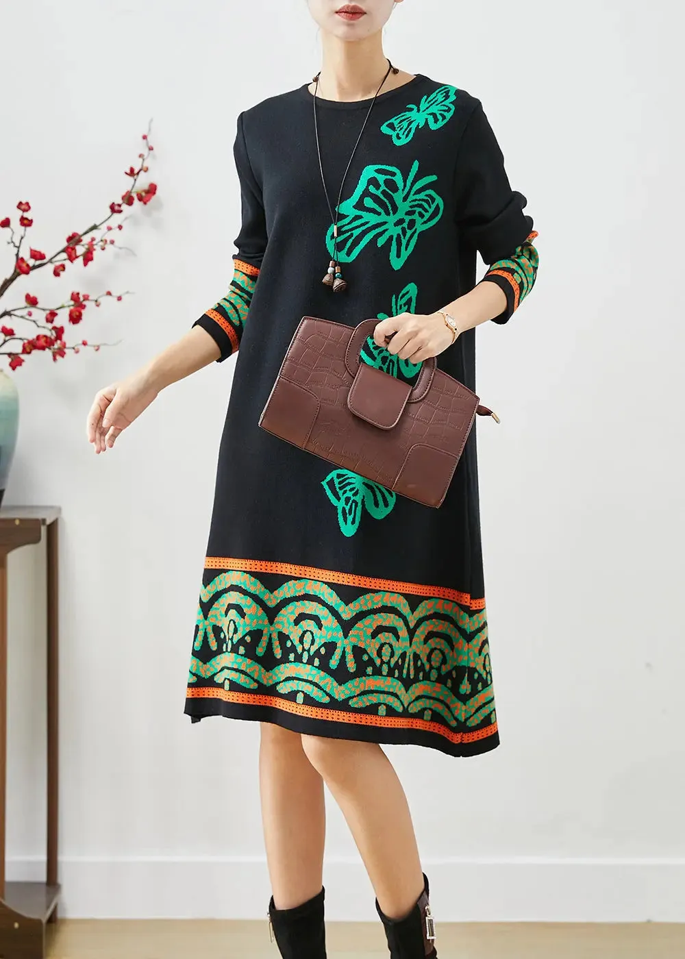 Boutique Black Print Complimentary Scarf Knit Dresses Fall ML3194