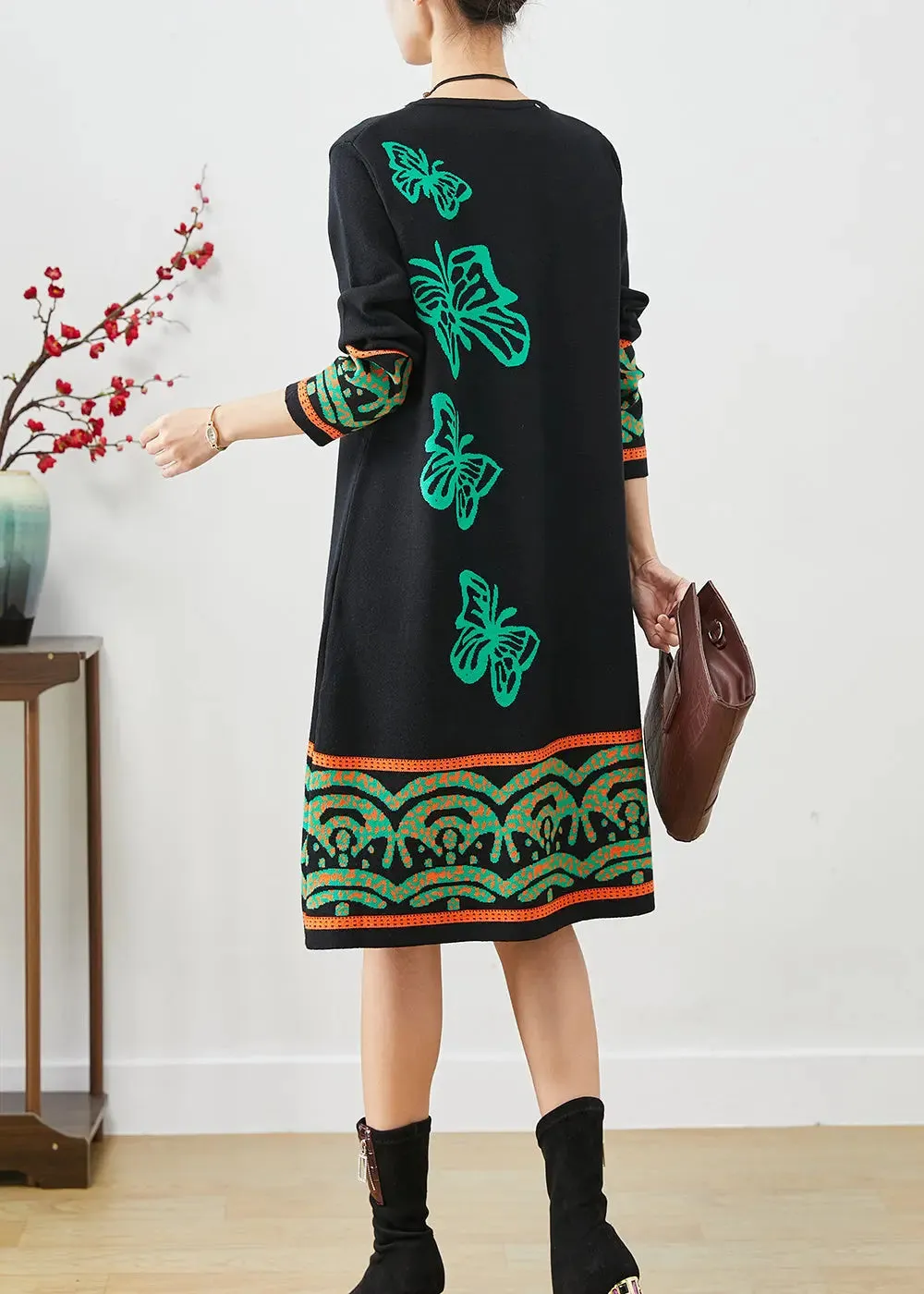 Boutique Black Print Complimentary Scarf Knit Dresses Fall ML3194