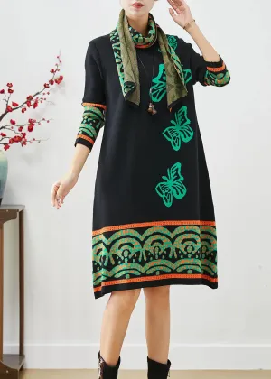 Boutique Black Print Complimentary Scarf Knit Dresses Fall ML3194