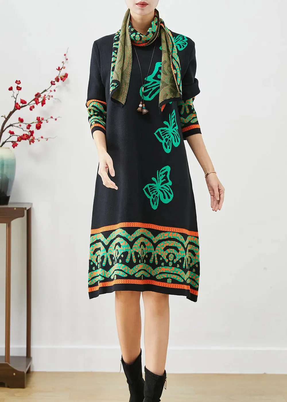 Boutique Black Print Complimentary Scarf Knit Dresses Fall ML3194