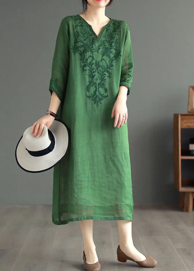 Boutique Green Embroideried Patchwork Linen Dresses Bracelet Sleeve LY6183