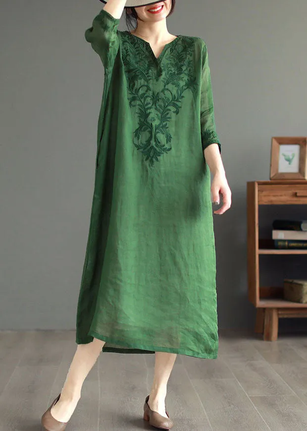 Boutique Green Embroideried Patchwork Linen Dresses Bracelet Sleeve LY6183