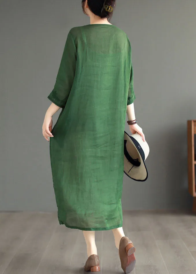 Boutique Green Embroideried Patchwork Linen Dresses Bracelet Sleeve LY6183