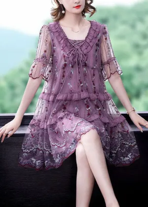 Boutique Purple Ruffles Print Hollow Out Tulle A Line Dresses Summer TH1028