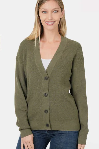 Button Up V-Neck Dropped Shoulder Cardigan