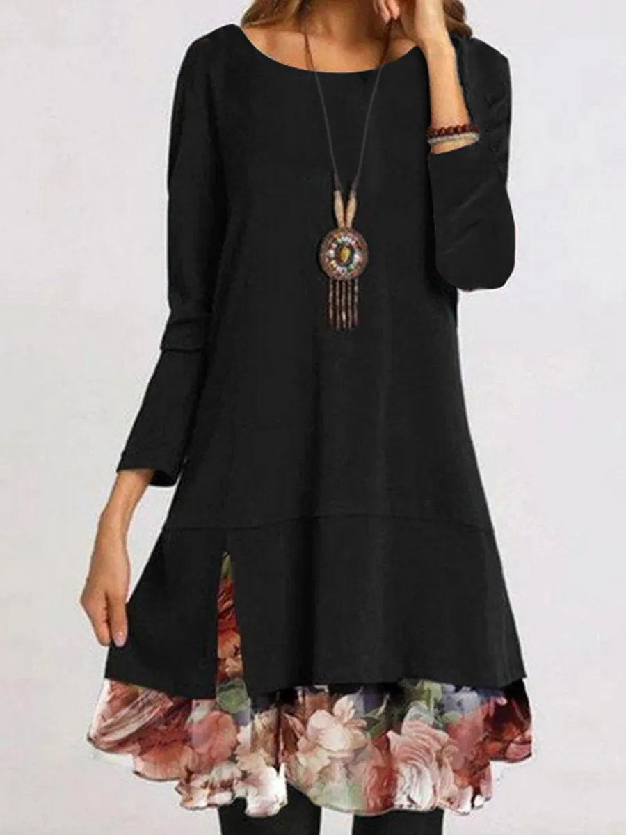 Casual Floral Round Neckline Knee-Length Shift Dress