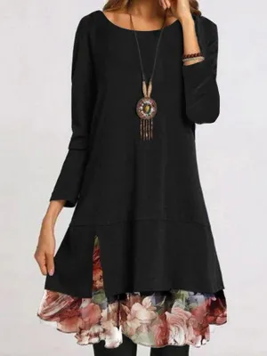 Casual Floral Round Neckline Knee-Length Shift Dress