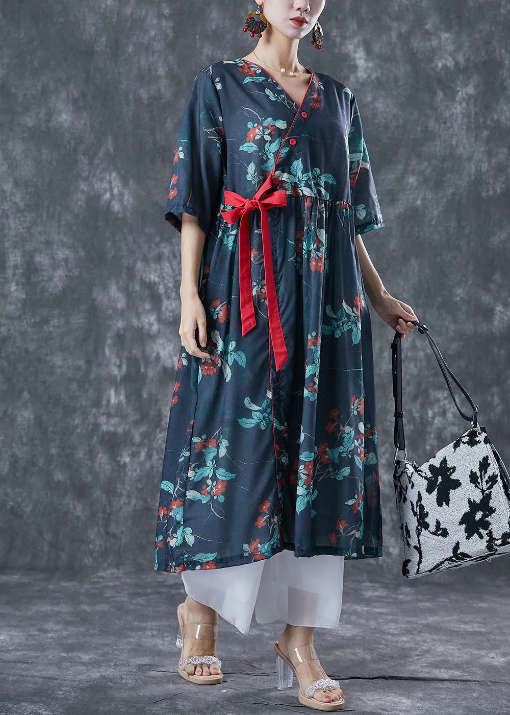 Casual Navy Oversized Print Lace Up Linen Dresses Summer LY5031