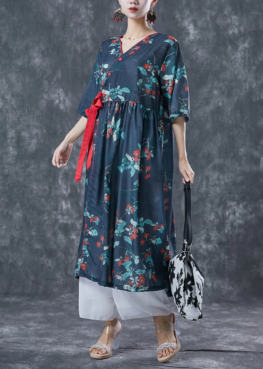 Casual Navy Oversized Print Lace Up Linen Dresses Summer LY5031