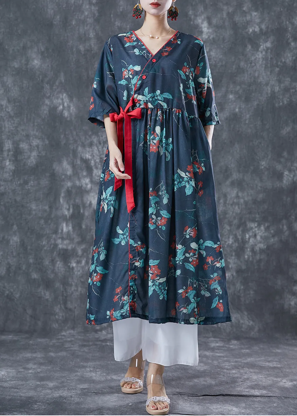 Casual Navy Oversized Print Lace Up Linen Dresses Summer LY5031